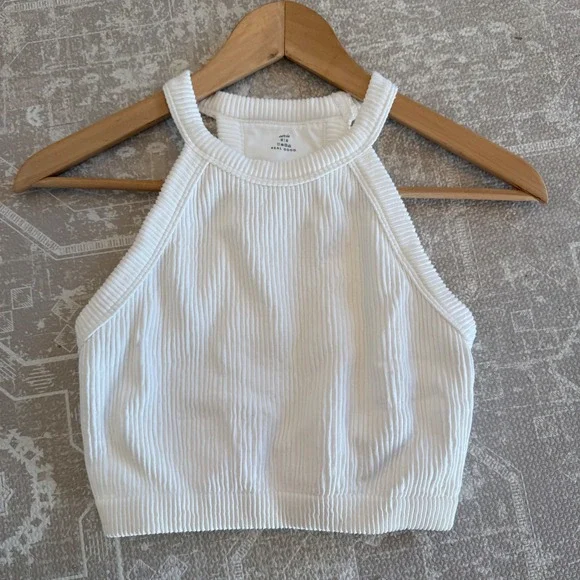 Aerie White High Neck Halter Ribbed Crop Tank Top Size M Seamless Racerback - Picture 4 of 6